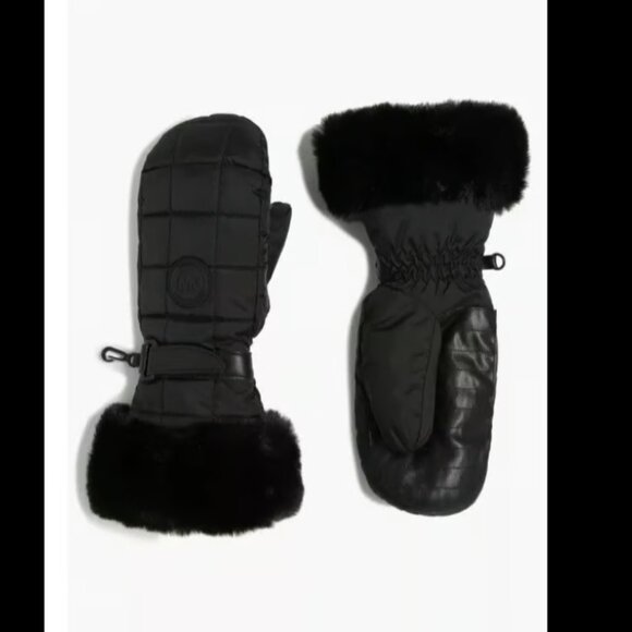 MICHAEL KORS BLACK QUILTED MITTENS WITH FAUX FUR TRIM GLOVES S/M - Picture 1 of 2